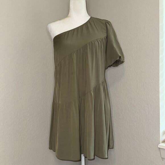 KIRUNDO One Shoulder Mini Baby Doll Khaki Green Dress Boho Women's Size Small - Picture 1 of 9